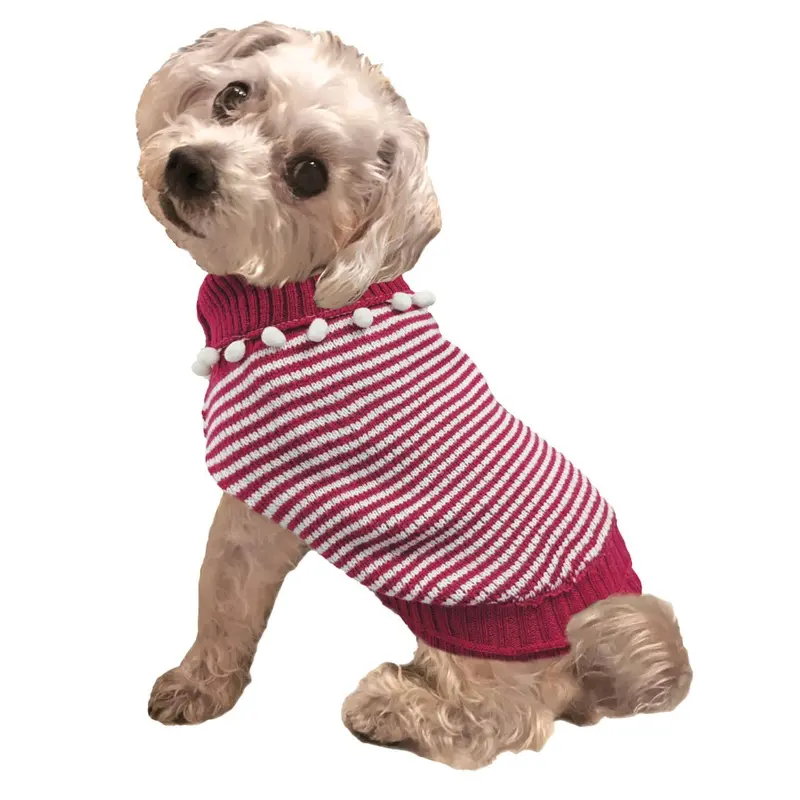 Fashion Pet - Pompom Stripe Sweater - Raspberry - L