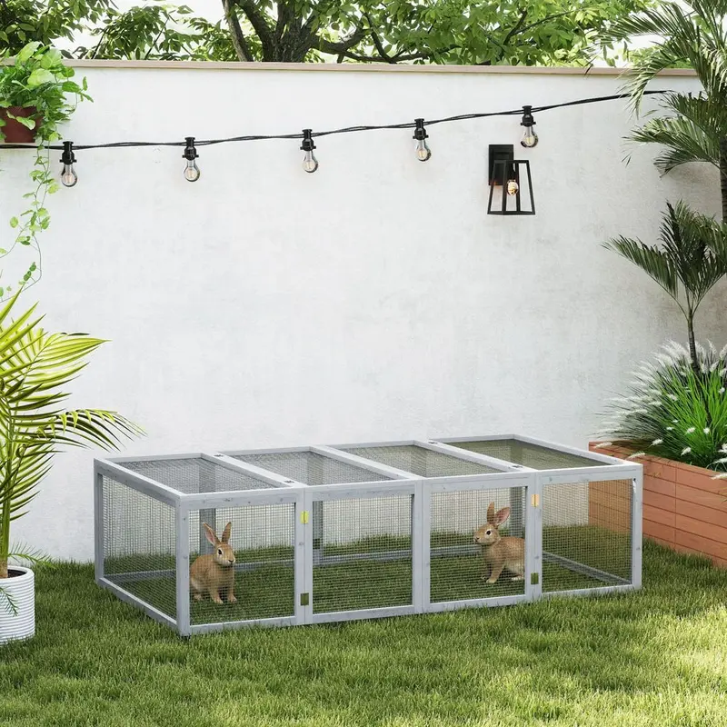 Pawhut New Rabbit Hutch Cage With Run And Play Space For Outdoor Grey