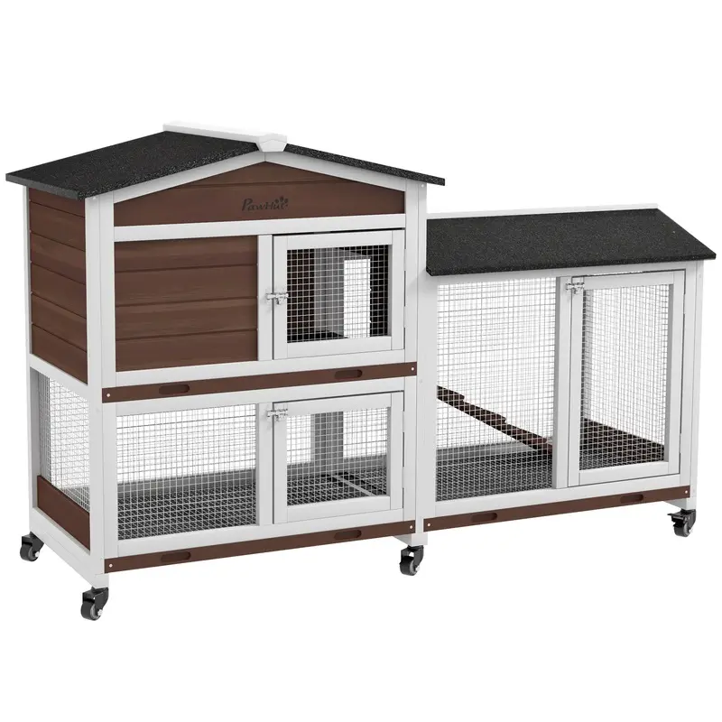 PawHut Pet Hutch, Wooden Two-Tier, with Wheels and Run, Durable, Brown   Aosom UK