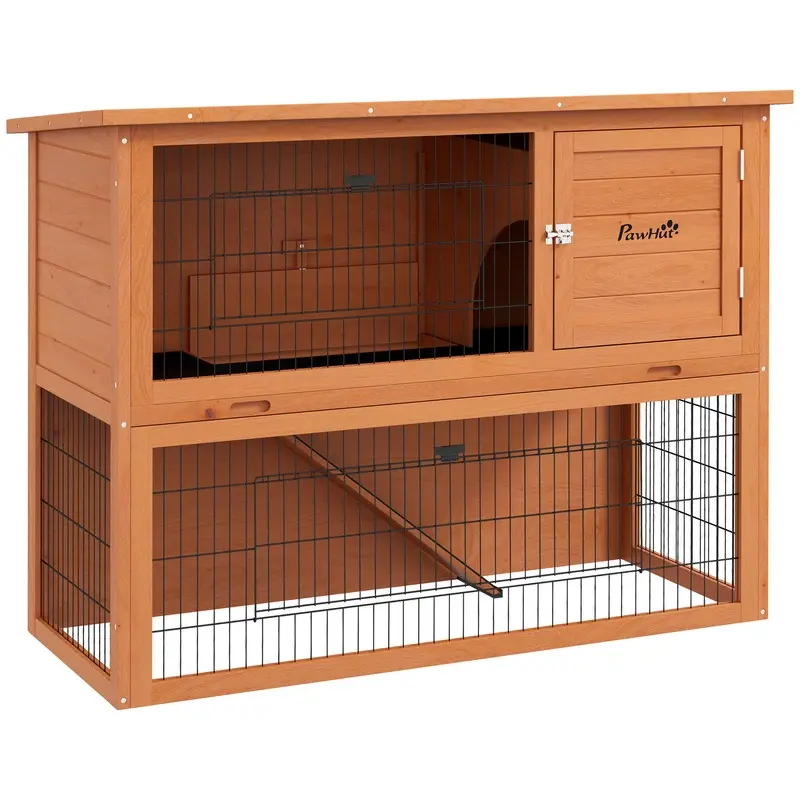 PawHut 2 Tier Antiseptic Wood Rabbit Hutch with Run Outdoor 92cm Orange   Aosom UK
