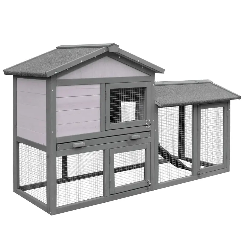 PawHut Small Animal Two-Level Fir Wood Hutch w/ Ramp Burnt Yellow