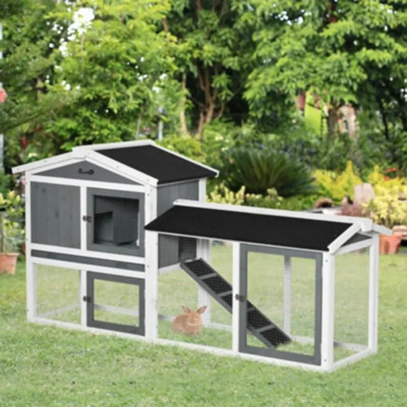 Pawhut White Rabbit Hutch, 2-Tier Wooden Animal House W/ Run Box, Ramp, Size 2