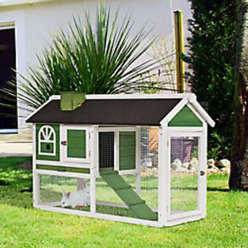 Pawhut Rabbit Cage With Pull Out Tray Asphalt Roof For Small Animals Green
