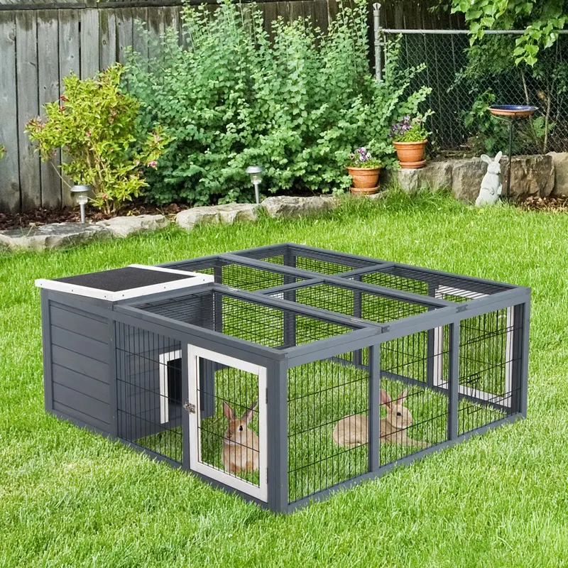 Pawhut Wooden Hutch With Openable Roof And Wire Dark Grey