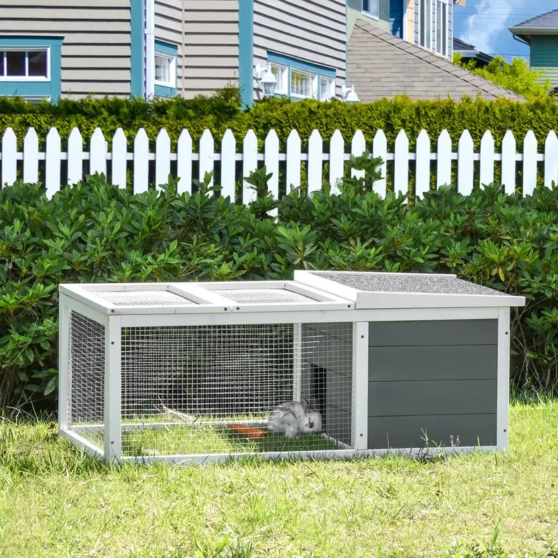 Pawhut Wooden Pet Hutch With Openable Top And Asphalt Roof Grey