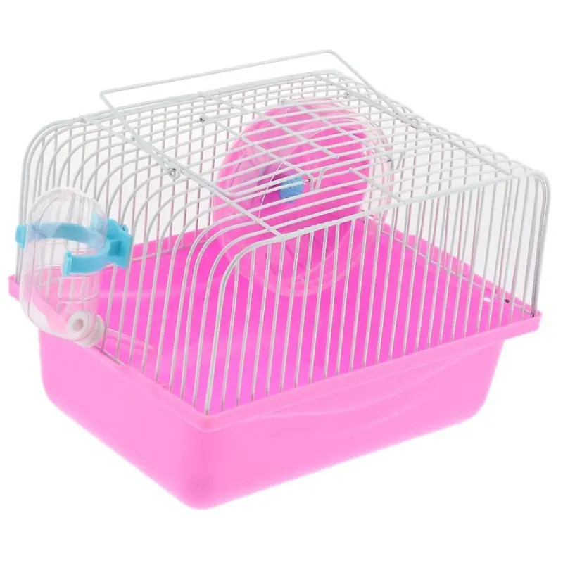Pink Hamster Cage Transport Box With Running Wheel Water Bottle Dish Small