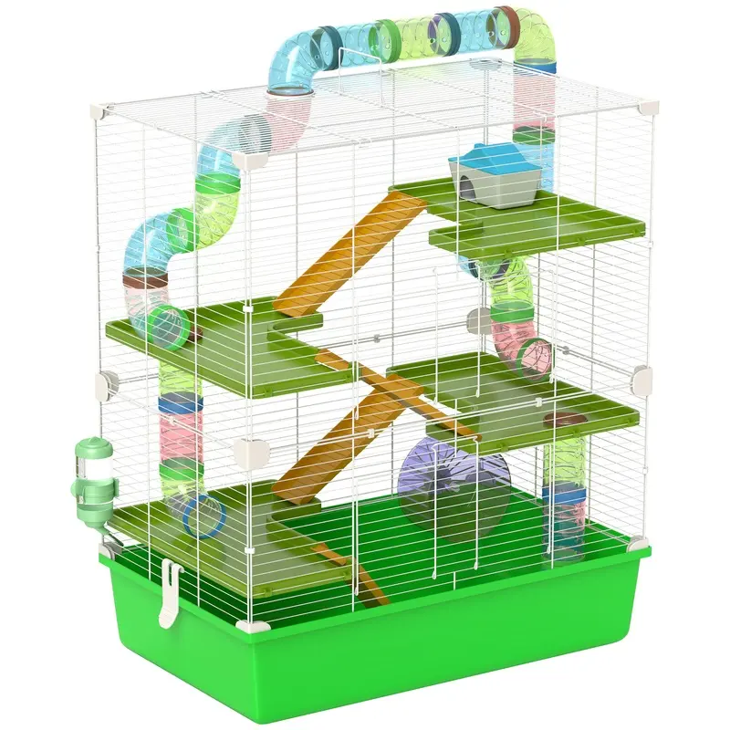 PawHut Hamster Cage w/ Water Bottle, Exercise Wheel, Tubes, Ramps - Green   Aosom UK