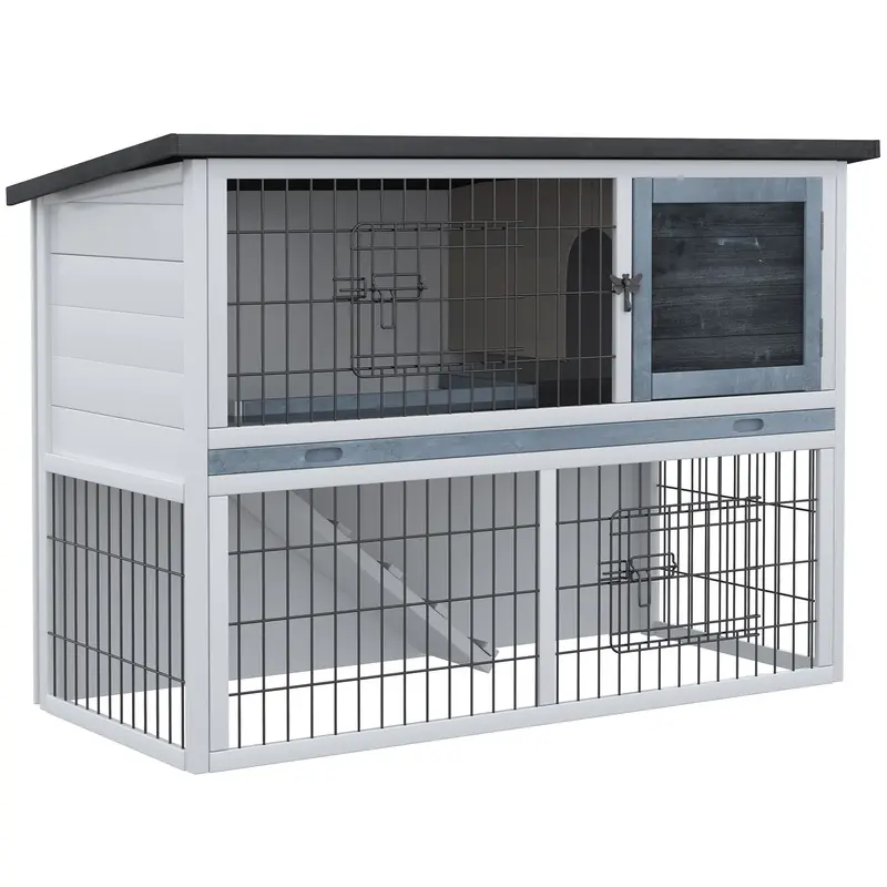 PawHut Small Animal Two-Level Fir Wood Hutch w/ Slide Out Tray Grey   Aosom UK