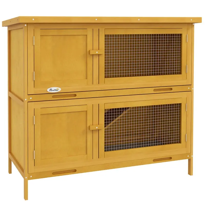 PawHut Two-Tier Rabbit Hutch, with Removable Trays, for 1-2 rabbits - Brown