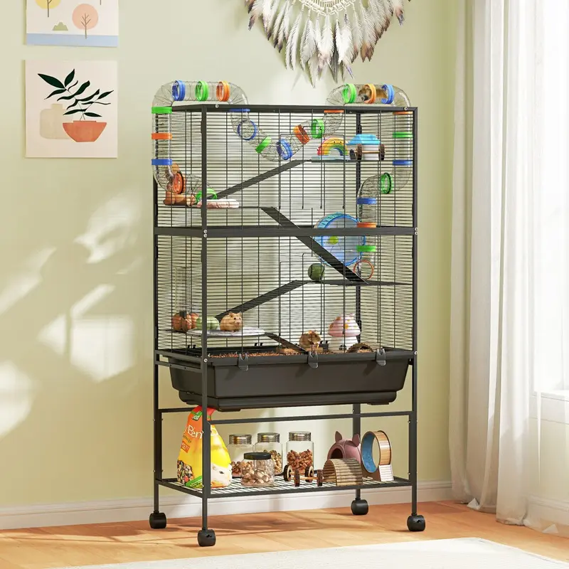 New Pawhut (L) Hamster Cage, Gerbil Cage On Wheels With Storage Shelf Small