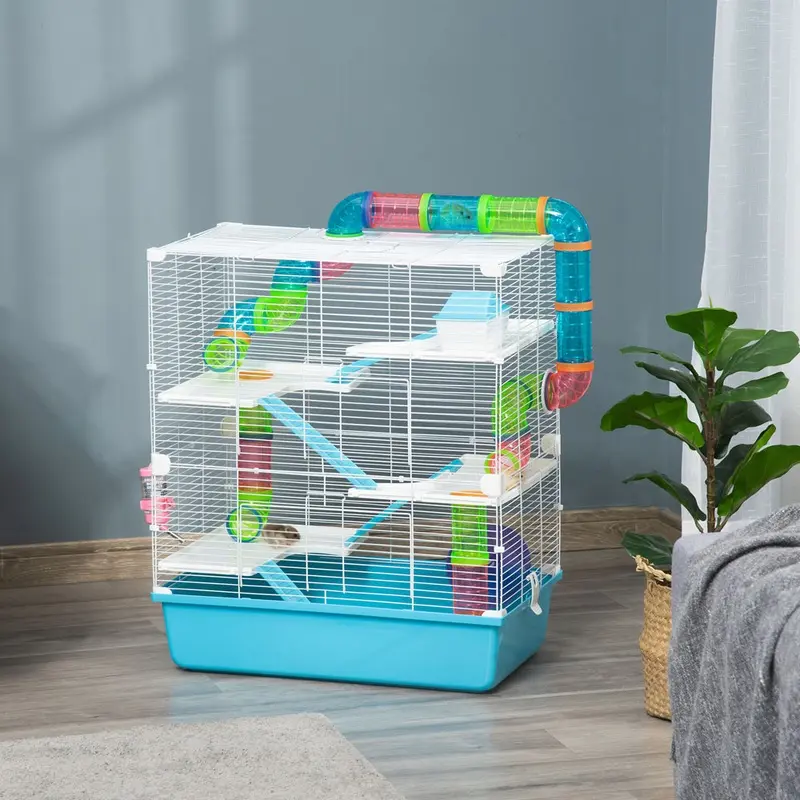 Pawhut Five-Level Hamster Cage W/ Tubes Water Bottle Exercise Wheel Ramps- Light/Blue
