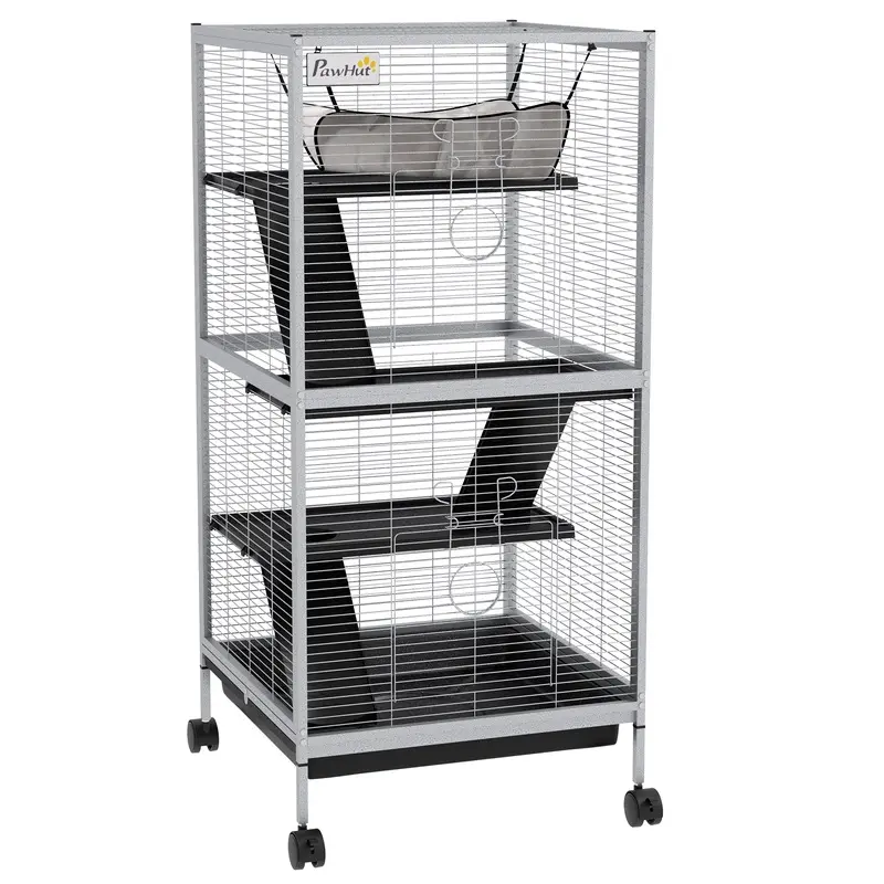 PawHut Small Animal Cage Pet Play House with Wheels Platforms Light Grey   Aosom UK