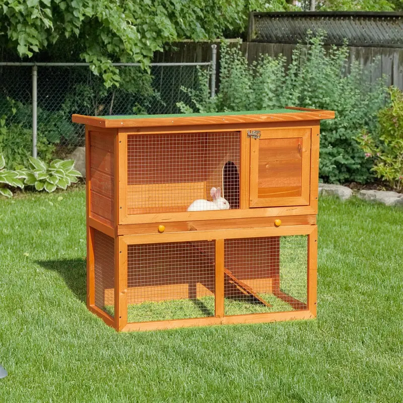 Pawhut 2 Tiers Rabbit Hutch Wooden Pet Cage