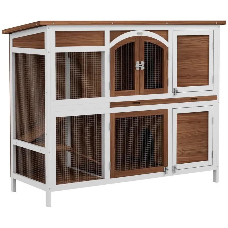 PawHut Two-Tier Wooden Pet Hutch with Openable Roof, Slide-Out Tray   Aosom UK
