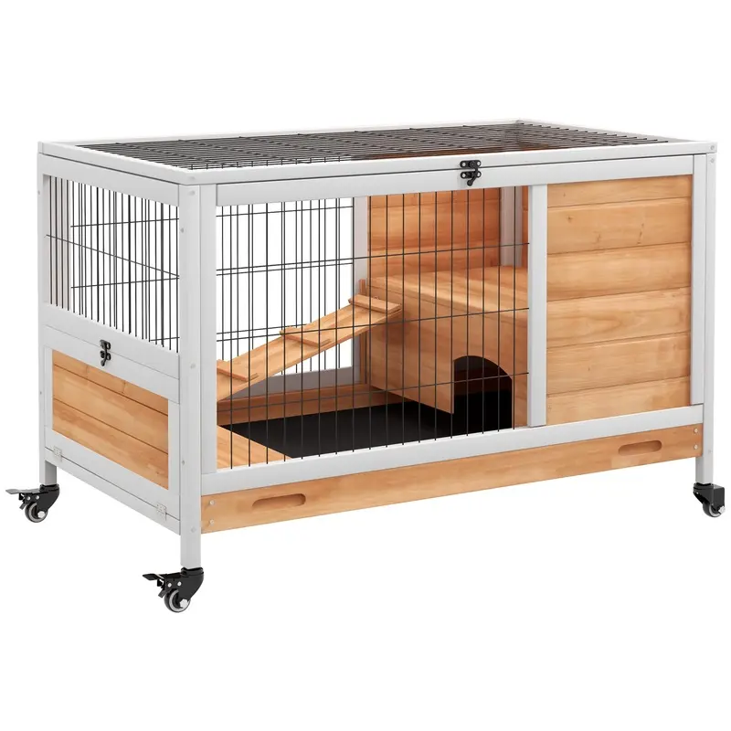 PawHut Wooden Guinea Pig Hutch 2-Floor Design w/Wheels, Yellow