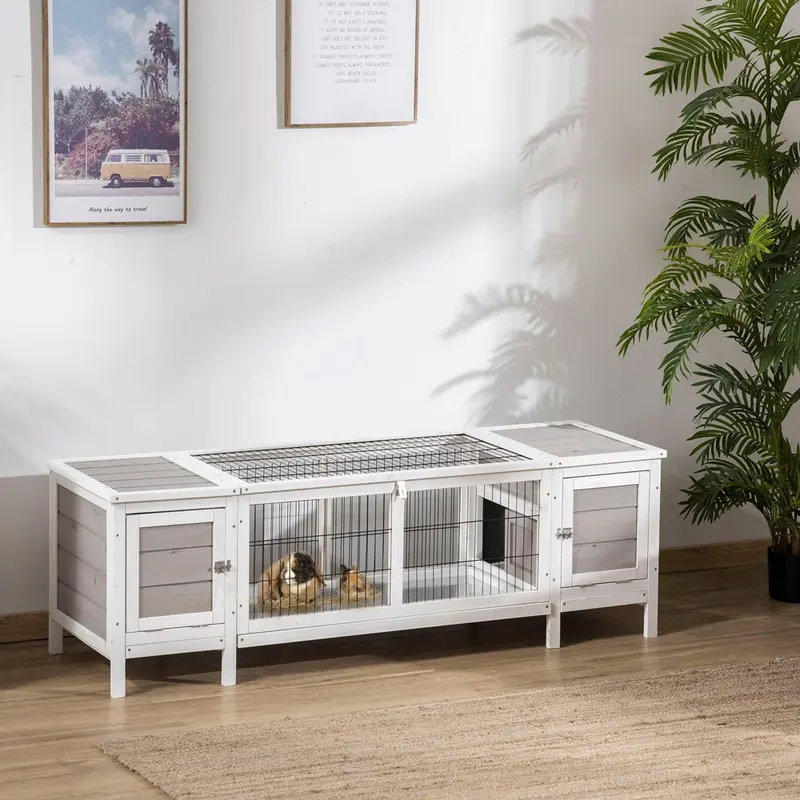 Pawhut Wooden Rabbit Indoor Hutch With Separable Cage Grey White