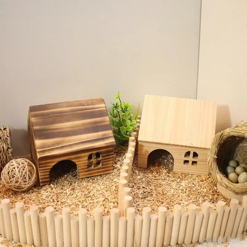 (S) Hamster Wood House Cage Decor Wood Pet Habitat For Syrian Hamsters Mouse Rat Large