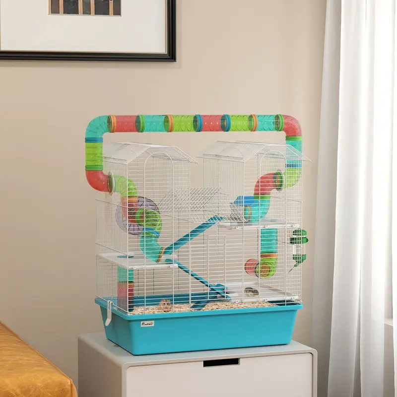 Pawhut 4 Tier Hamster Cage With Tubes For Drawf 58 X 36 X 65Cm Light/Blue