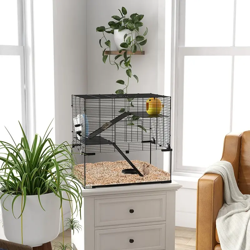 Pawhut 3 Tiers Hamster Cage Deep Glass Bottom 60 X 40 X 57Cm Black