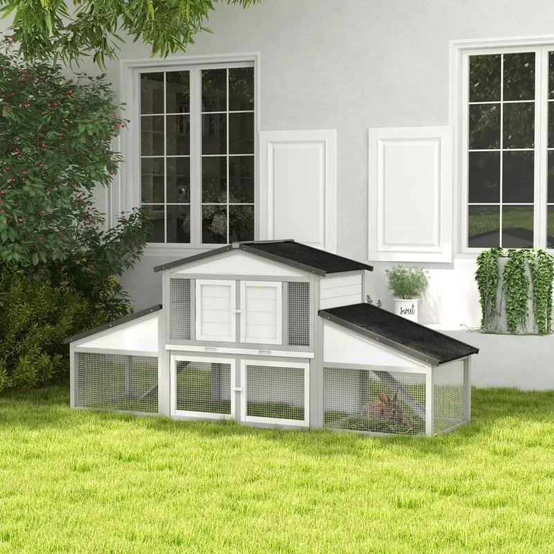 Pawhut Large Rabbit Hutch With Run Tray Ramp Wood Grey