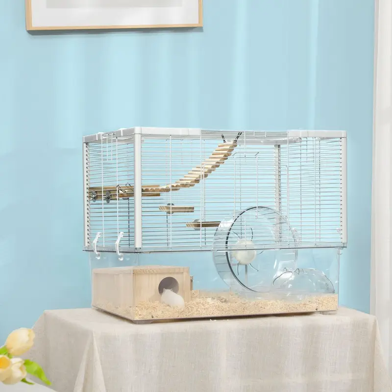 Pawhut Unisex White Hamster Cage, Gerbil Cage With Deep Bottom, Wooden Ramp, Hut