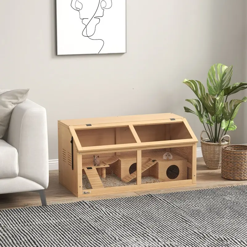 Pawhut Wooden Hamster Cage For Gerbils W/ Suspension Bridge Ladders Nature