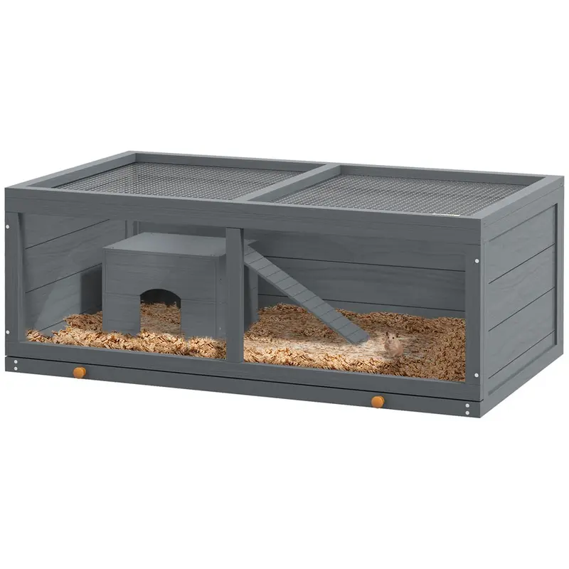 Pawhut Wooden Hamster Cage With Sliding Tray Openable Top Hut Grey
