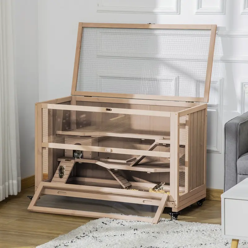 Pawhut Wooden Hutch 3-Tier Openable Top And Pull Out Tray Natural