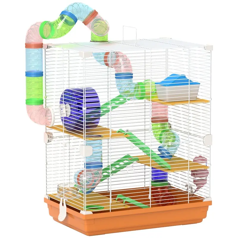 PawHut 5 Tier Hamster Cage Carrier Habitat w/ Exercise Wheels, Tunnel, Orange   Aosom UK