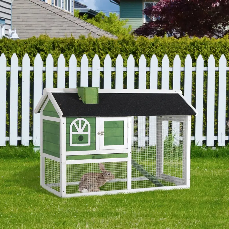 Pawhut Green Rabbit Hutch, Guinea Pig Hutch Tiers Outdoor W/Tray & Ramp, Size 2