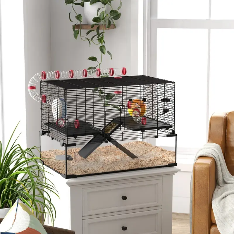 Pawhut Hamster Cage With Tunnels Tubes Ramps Platforms Hut Black
