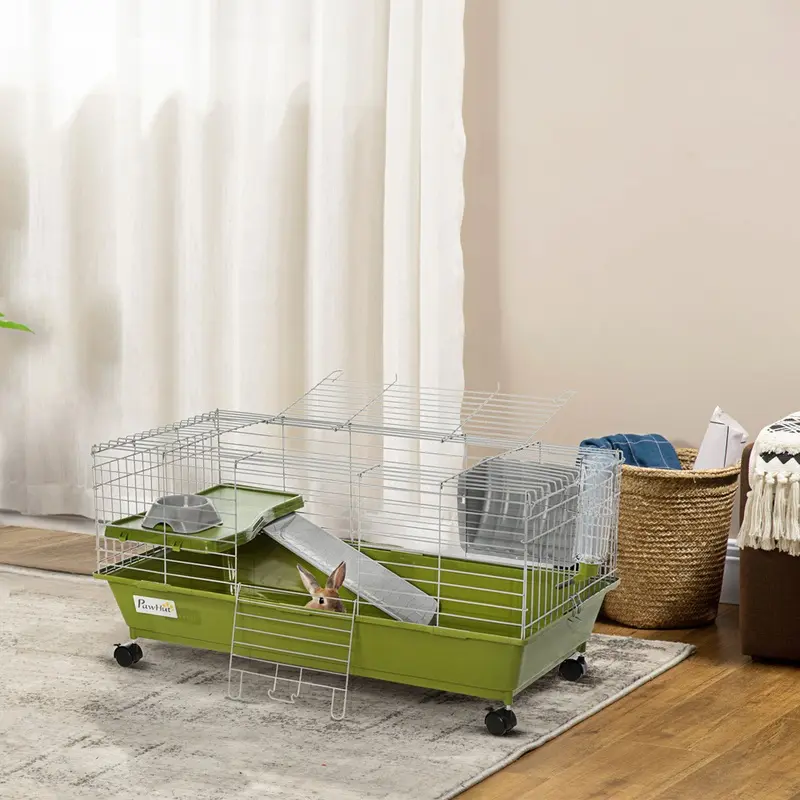 Pawhut Small Animal Cage For Rabbit With Food Dish Green