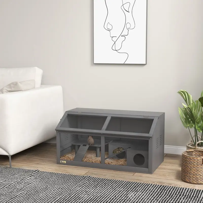 Pawhut Unisex Grey Wooden Hamster Cage For Gerbils W/ Suspension Bridge, Ladders