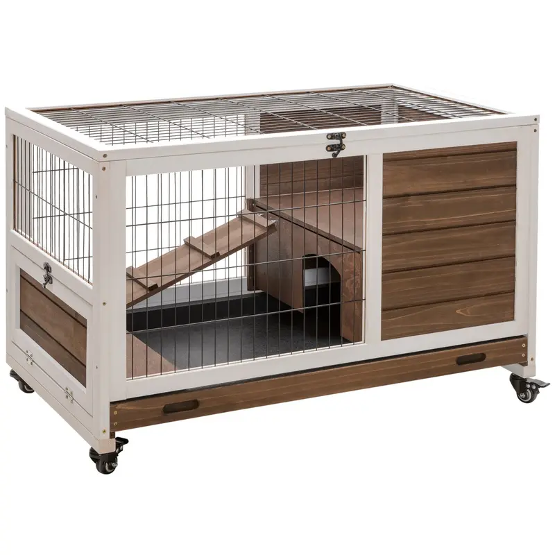 PawHut Wooden Indoor Rabbit Hutch w/ Enclosed Run Brown