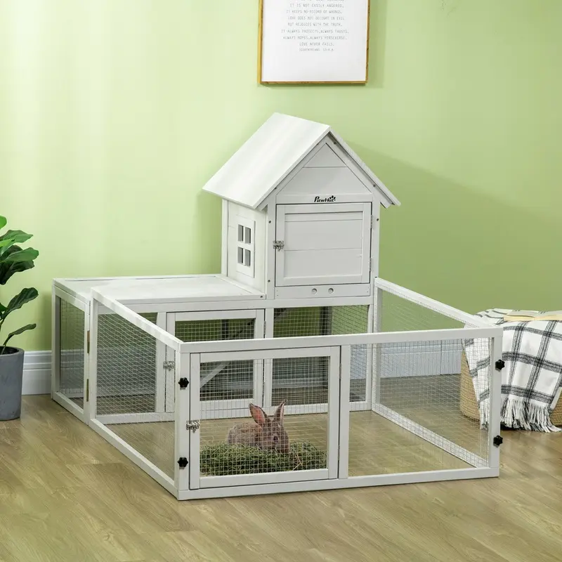 Pawhut Indoor Rabbit Hutch With Slide Out Tray Wood Light/Grey