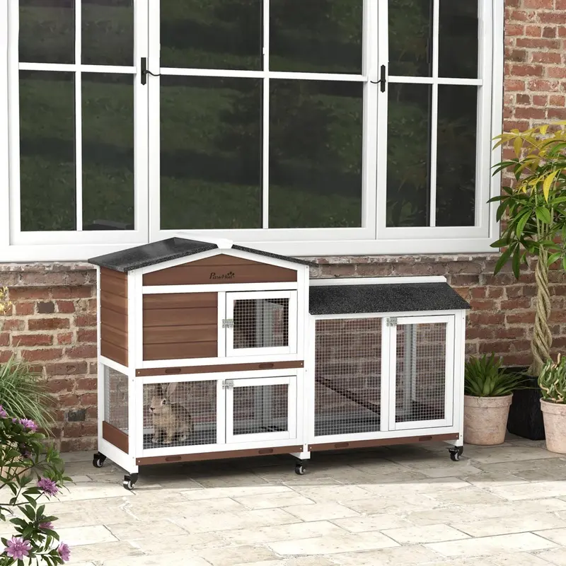 Pawhut Rabbit Hutch Guinea Pig Cage With Run Ramp Wood Brown