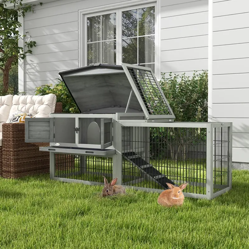 Pawhut Rabbit Hutch With Pull-Out Tray Ramp Wood Grey