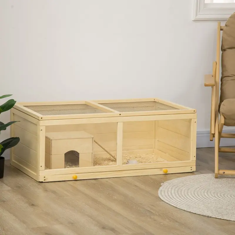 Pawhut Wooden Hamster Cage With Sliding Tray Openable Top Hut Natural Wood