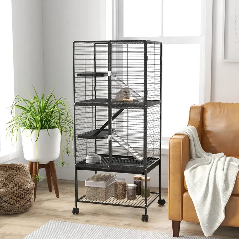 Pawhut 3 Door Small Animal Cage With Storage Shelf Charcoal Grey