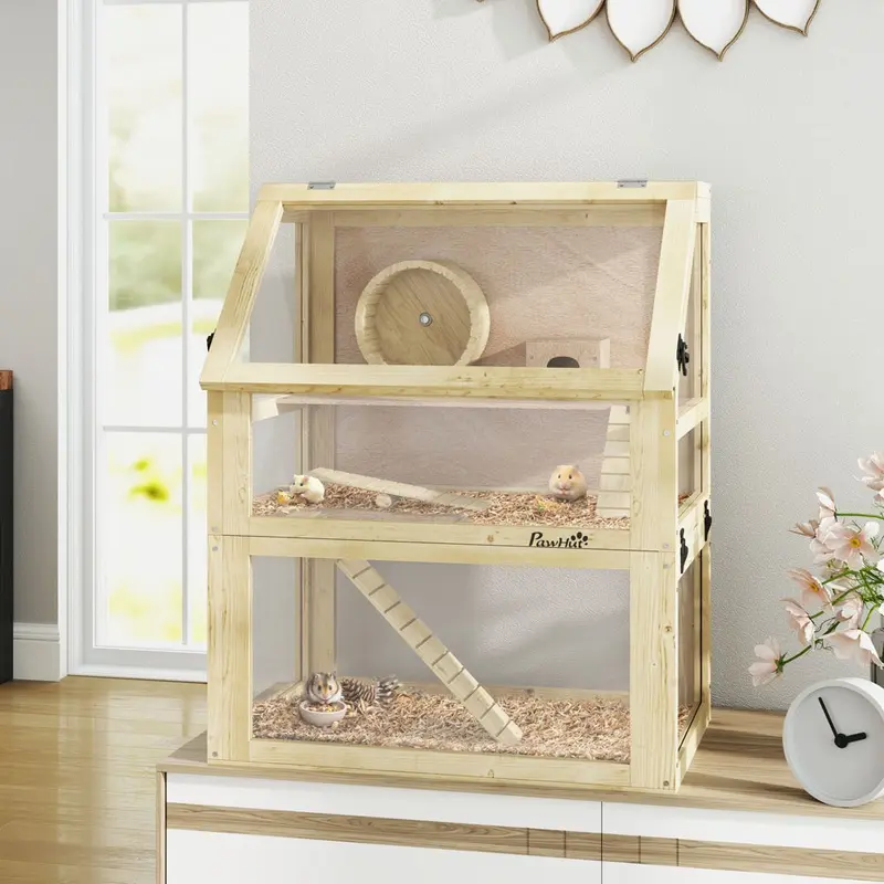Pawhut 3 Tier Wooden Hamster Cage Gerbil Cage With Detachable 32Cm Deep Bottom Light