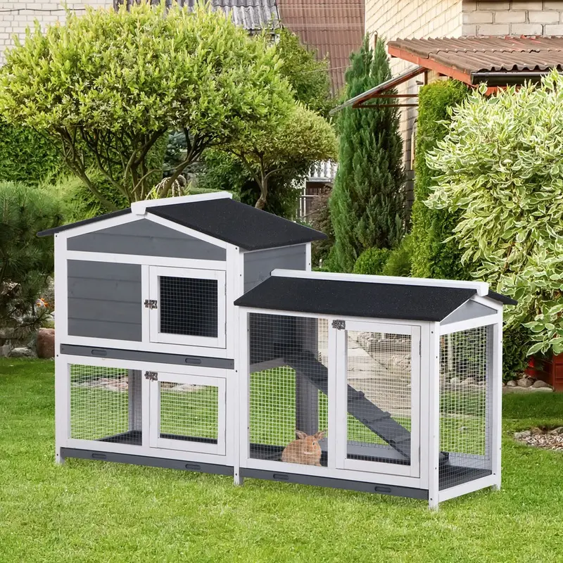 Pawhut Outdoor 2-Tier Rabbit Hutch Pet Cage Wood Grey