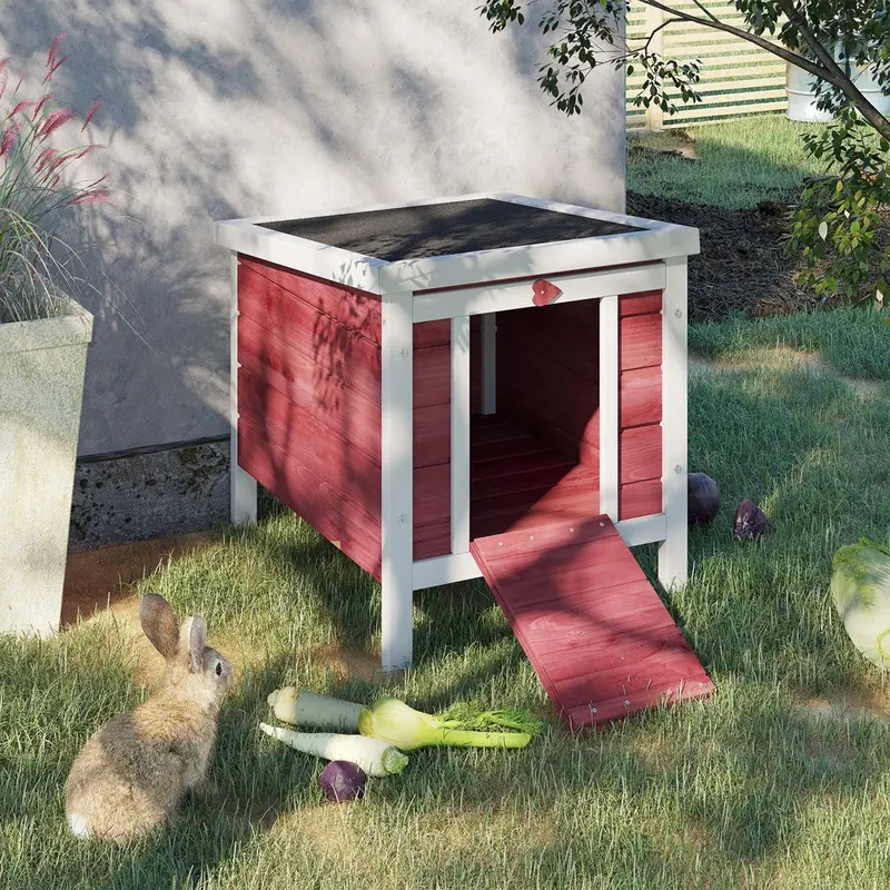 Pawhut Rabbit Hutch Bunny Cage Guinea Pig House Wood Red