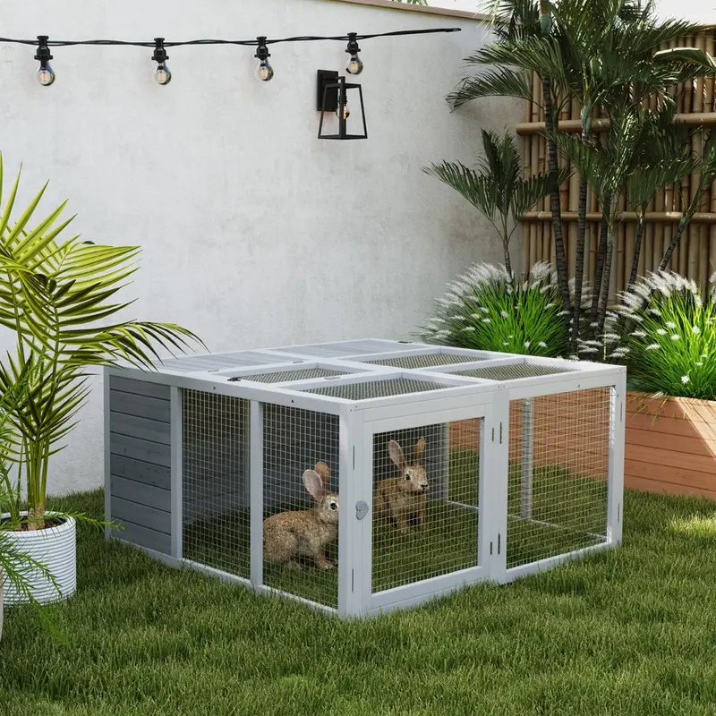 Pawhut Small Rabbit Hutch Animal House With Openable Roof Grey