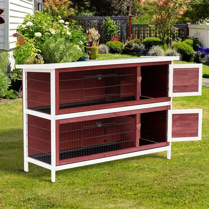 Pawhut Wooden Elevated Hutch 2-Tier Cage With Removable Tray Brown/White