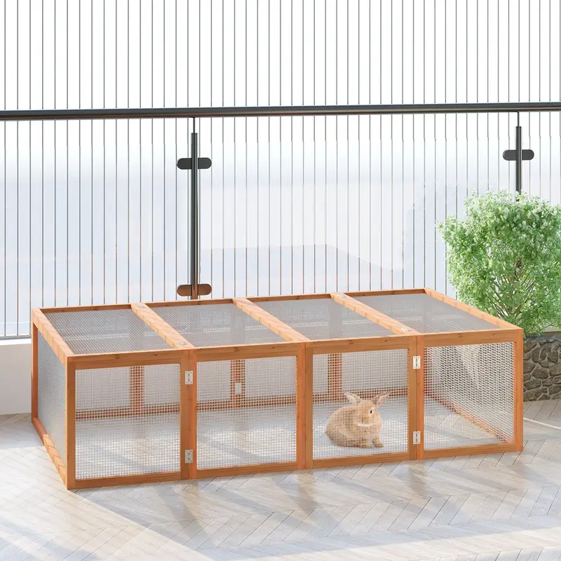 Pawhut Wooden Hutch With Mesh Safety Wire 181Cm X 100Cm X 48Cm Natural