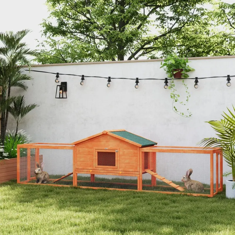 New Pawhut Wooden Rabbit Hutch Guinea Pig Hutch, 309 X 70 X Orange 87Cm