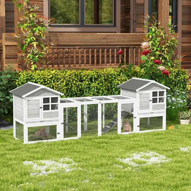 Pawhut 2-In-1 Rabbit Hutch With Slide-Out Tray Ramp Grey