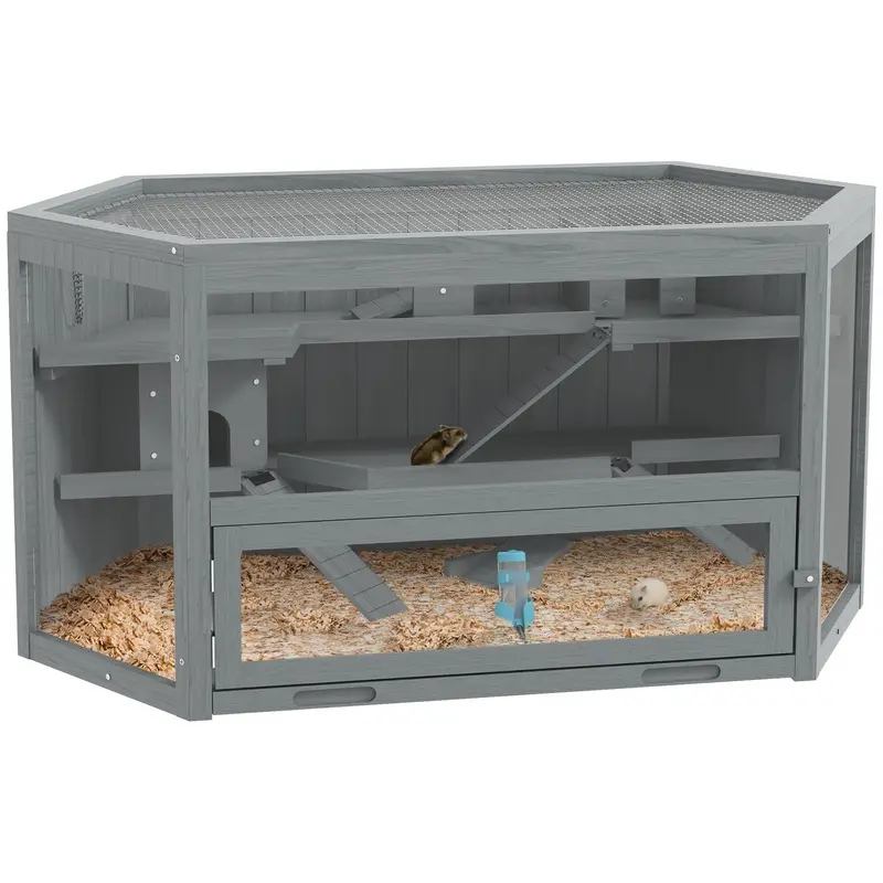 PawHut 3 Tier Wooden Hamster Cage Gerbil Play Centre w/Sliding Tray Ramps