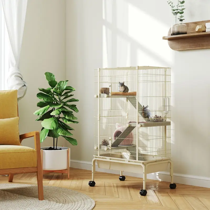 Pawhut 4 Levels Rolling Small Animal Cage With 3 Ramps Beige