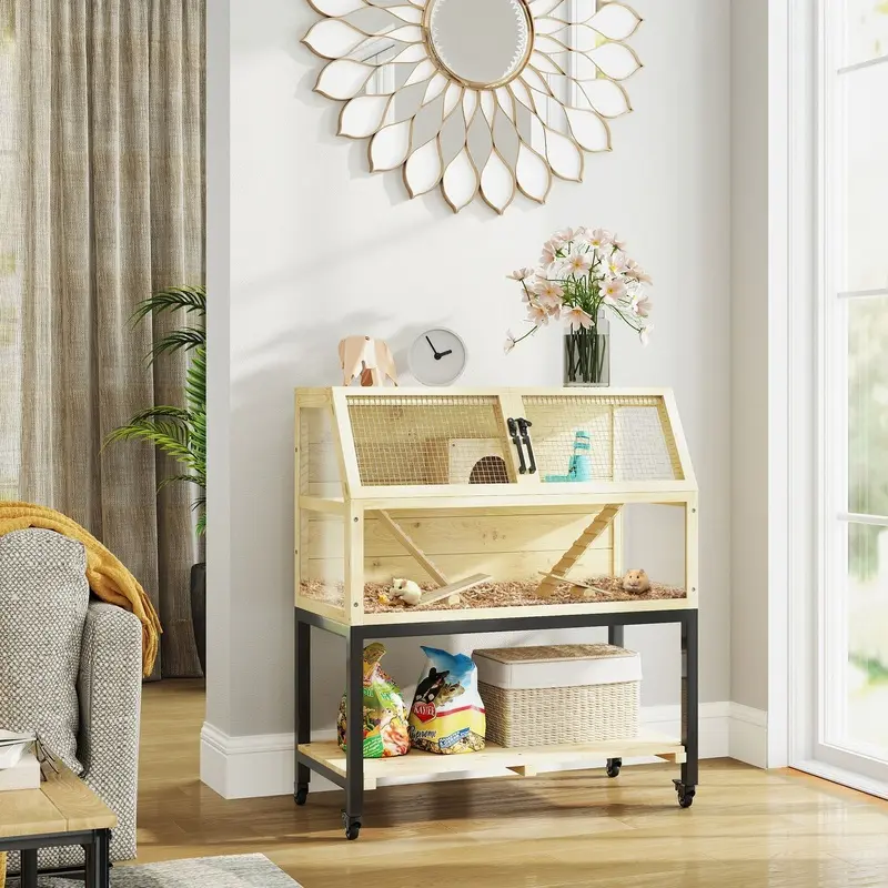 Pawhut Unisex Natural Wooden Hamster Cage With Storage Shelf, Wheels, 87 X 43 X 101Cm